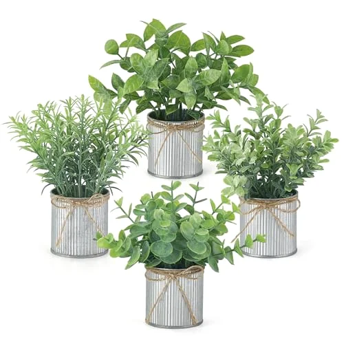 Small Fake Plants in Galvanized, 4-pack, Grey