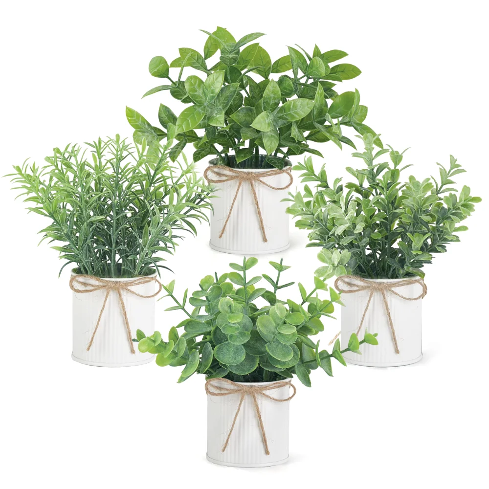 Small Fake Plants in Galvanized, 4-pack, White