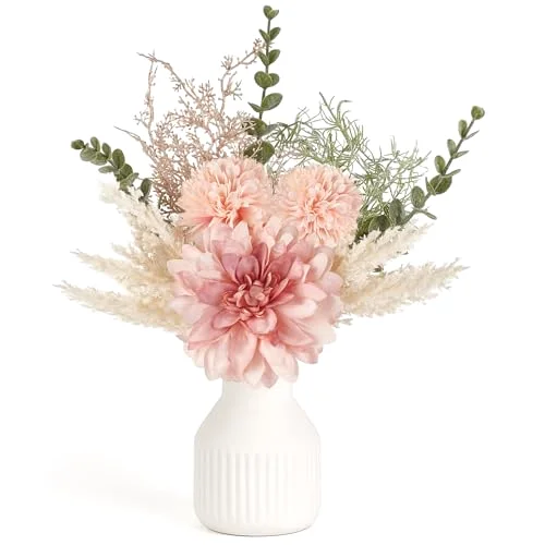 Fake Flowers in Ceramic Vase, 12.5 in, Pink