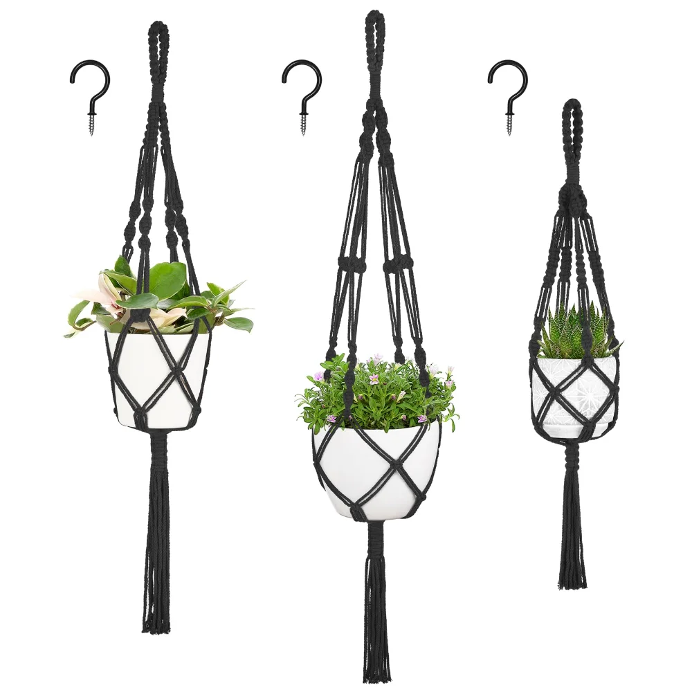Macrame Plant Hanger, 3-pack, Black