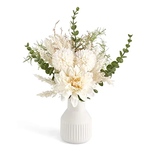 Fake Flowers in Ceramic Vase, 12.5 in, White