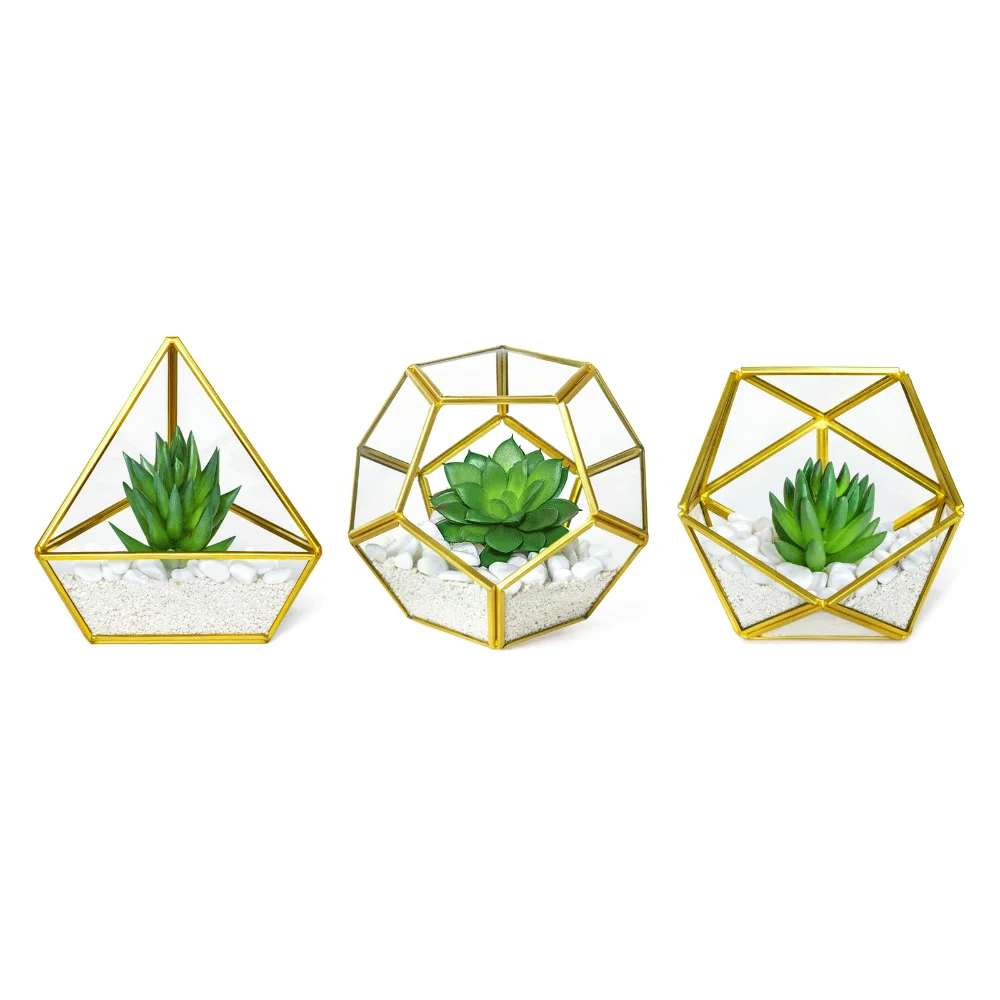 Fake Succulents in Geometric Glass, 3-pack, Gold