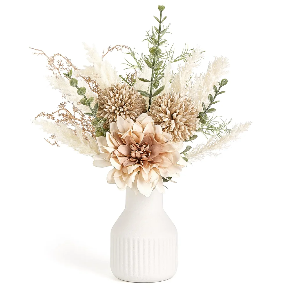 Fake Flowers in Ceramic Vase, 12.5 in, Brown