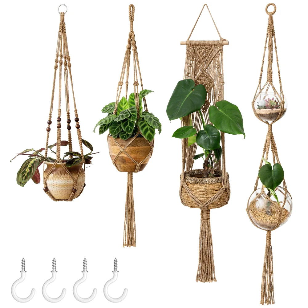 Macrame Plant Hanger, 4-pack, Brown