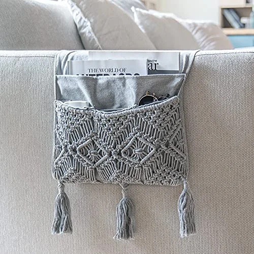 Macrame Armchair Caddy, 4 pockets, Grey