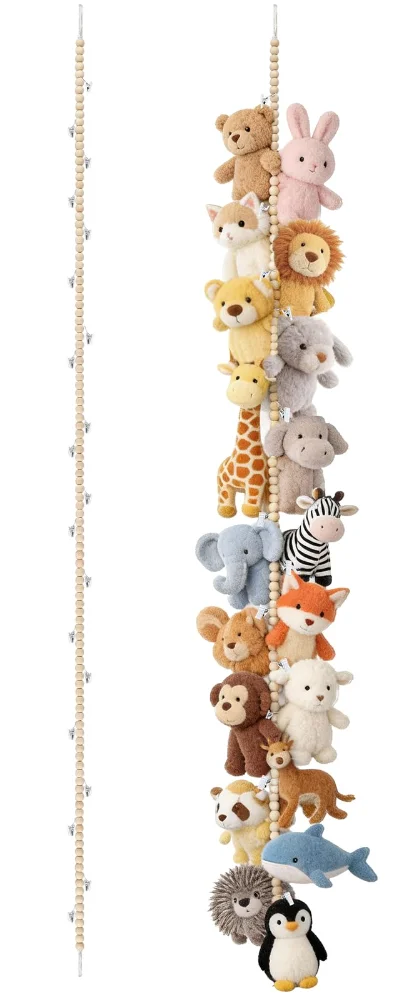Hanging Stuffed Animal Storage Hanger, 76 in, 40 clips, 2-pack, Natural