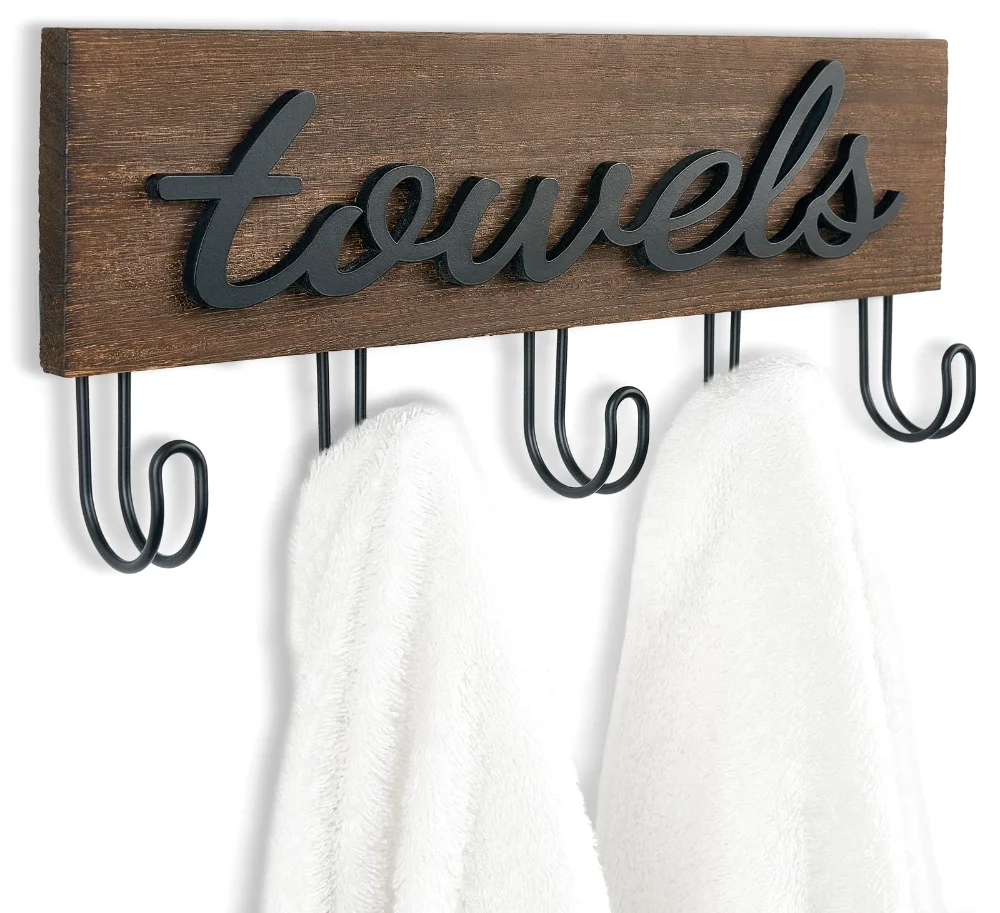 Wall Mounted Towel Rack, 5 hooks, Brown