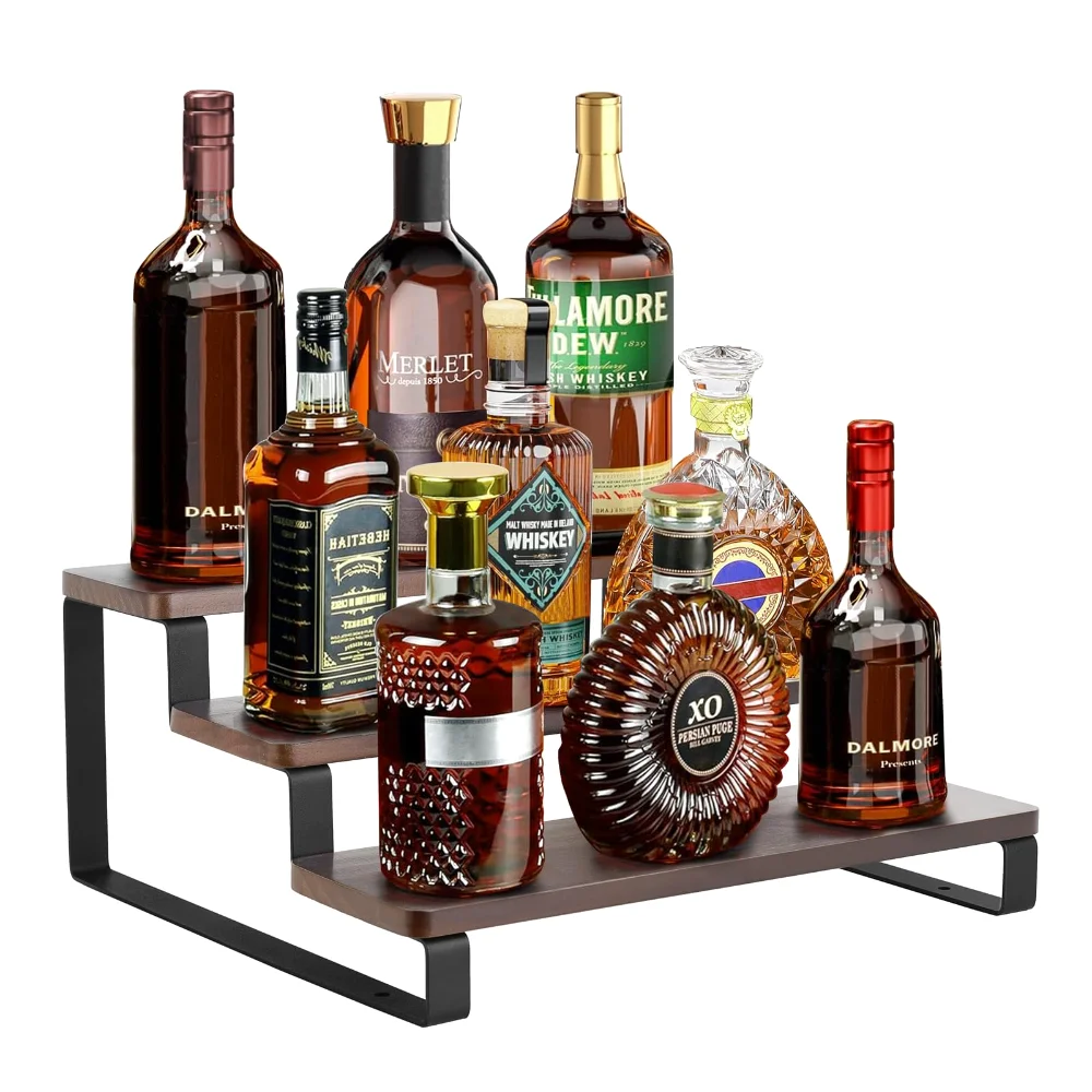 Small Liquor Bottle Display Shelf, 13 in, 3 tiers, Brown